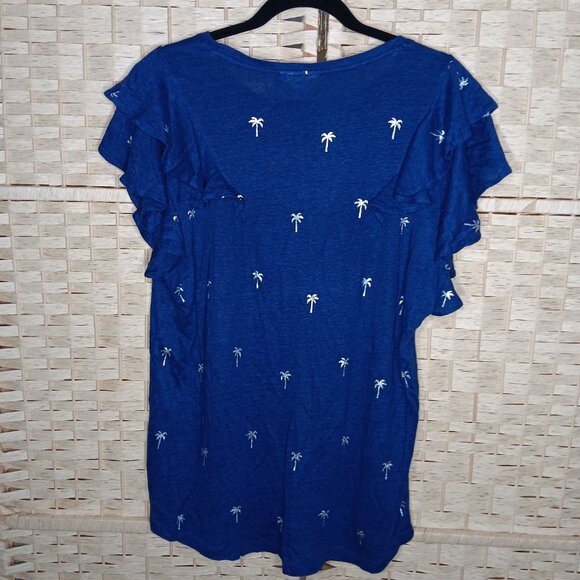 Chico's Foiled Flutter Sleeve Linen Tee Navy Palm Trees Embroidered NWT 12 14 - Picture 4 of 9